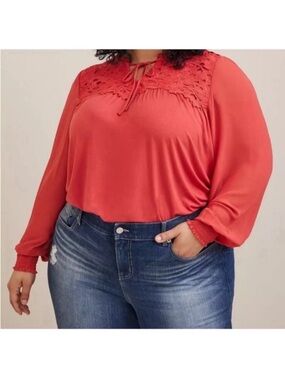 Torrid Chiffon Sleeve Lace Inset Tie Detail Top/Shirt/Blouse Sz 3X Rust Red